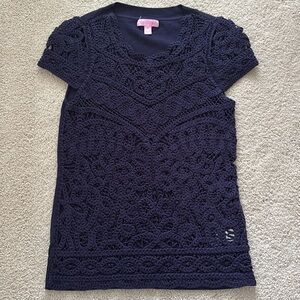 Lilly Pulitzer Navy Blue Crocheted Knit Short Sleeve Sweater Top Size XS